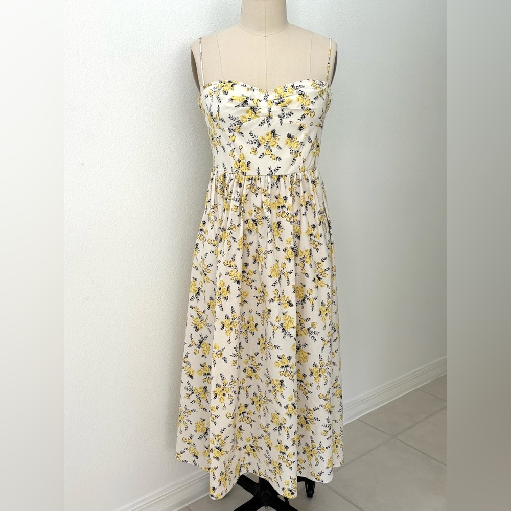 Zara Floral Print Poplin Midi Dress NWT Cream & Yellow Roses Cottagecore L